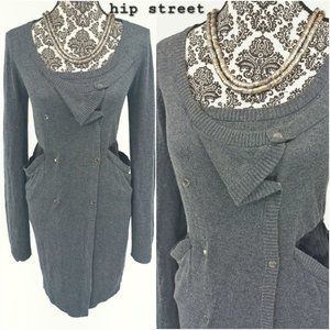 SNOB Denmark LS Snap Front Stand Out Silk Pockets Sweater Dress M